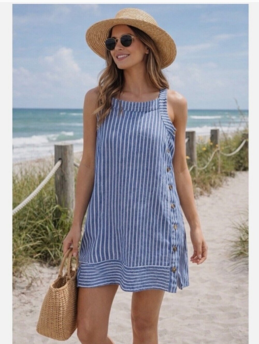 FOR CYNTHIA Womens Linen Striped Summer Sun Dress Size Small